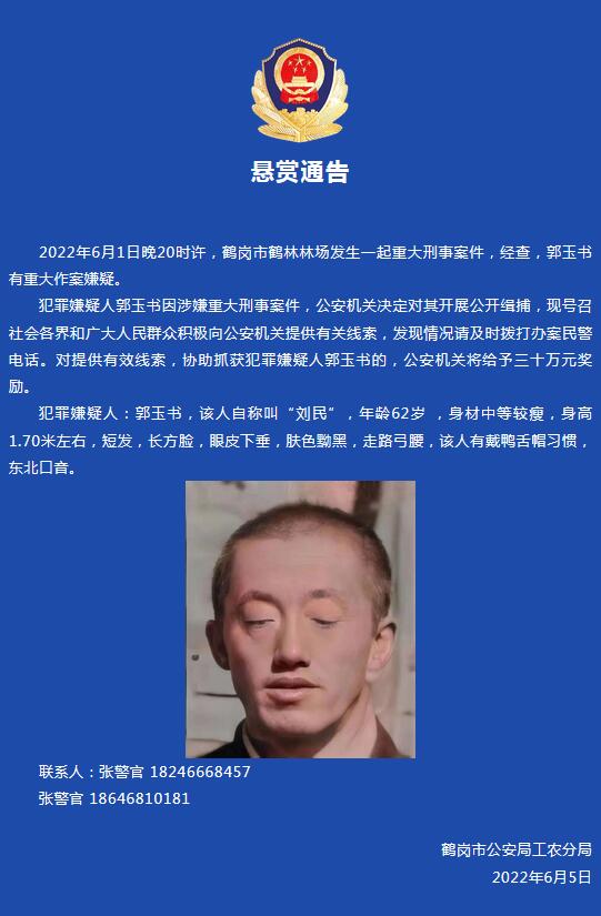 重大刑事案件，嫌疑人在逃！黑龙江鹤岗警方悬赏30万元，找他